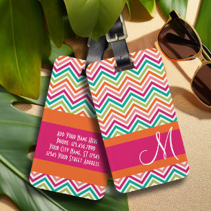 Shock rosa & Orange Chevron Mönster med Monogram Bagagebricka