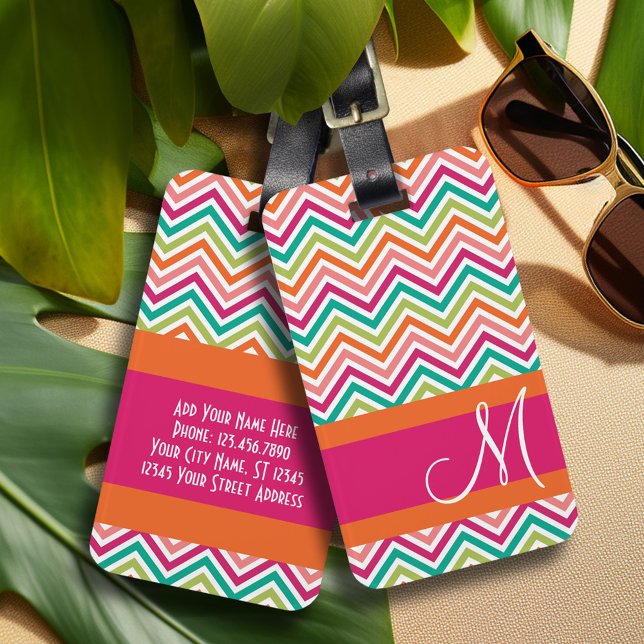 Shock rosa & Orange Chevron Mönster med Monogram Bagagebricka (Add your monogram to personalize this fun luggage tag in colorful colors)
