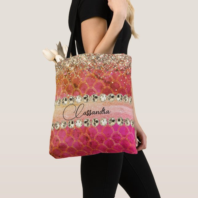Shock rosa Orange Glittery Diamond Bling Tote Bag Tygkasse (Närbild)