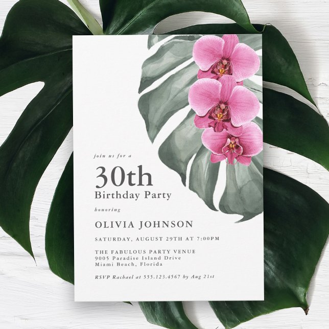 Shock rosa Orchids på Monstera 30års födelsedag Pa Inbjudningar (Skapare uppladdad)