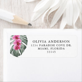 Shock rosa Orchids på Monstera Tropical Blommigt Returadress Etikett