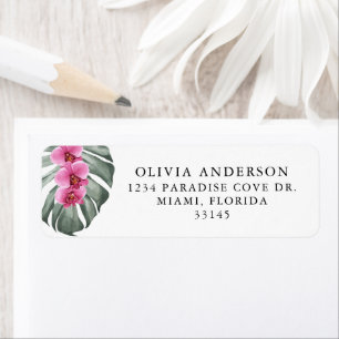 Shock rosa Orchids på Monstera Tropical Blommigt Returadress Etikett