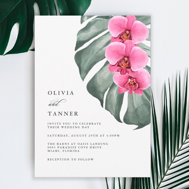 Shock rosa Orchids på Monstera Tropical Bröllop Inbjudningar (Skapare uppladdad)