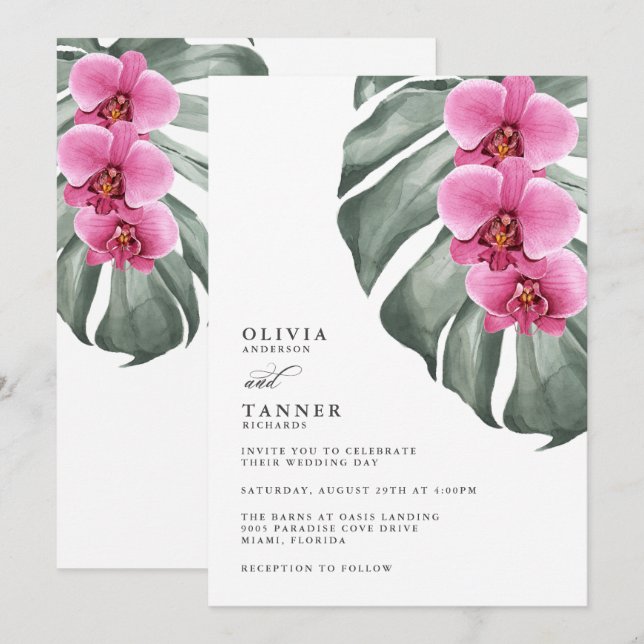Shock rosa Orchids på Monstera Tropical Bröllop Inbjudningar (Fram/baksida)