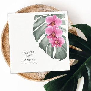 Shock rosa Orchids på Monstera Tropical Bröllop Pappersservett