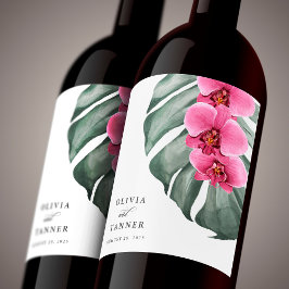 Shock rosa Orchids på Monstera Tropical Bröllop Vinflaska Etikett