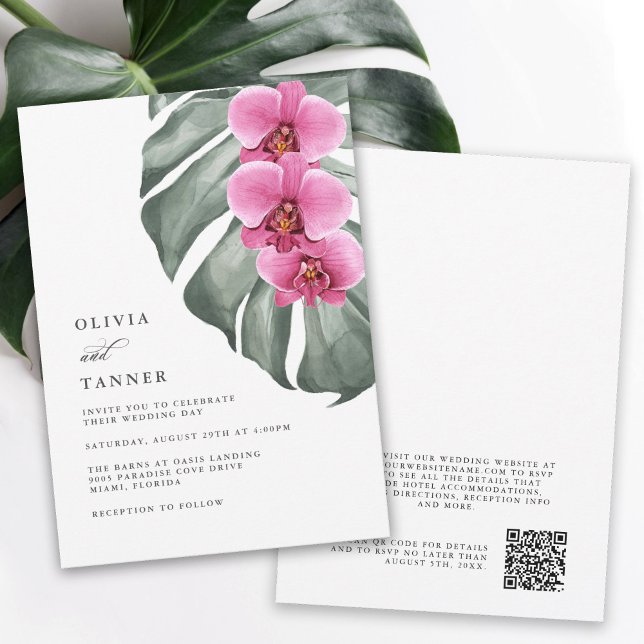 Shock rosa Orchids Tropical Bröllop med QR-kod Inbjudningar (Skapare uppladdad)