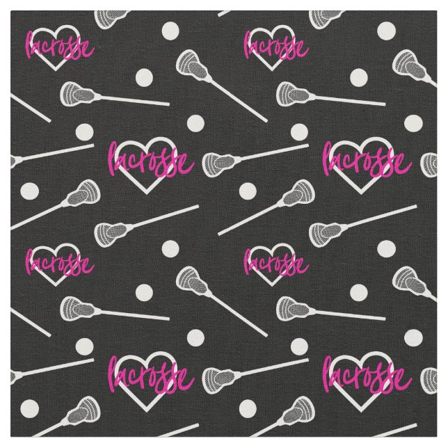 Shock rosa på Black Lacrosse Sticks & Hearts Mönst Tyg (Närbild)