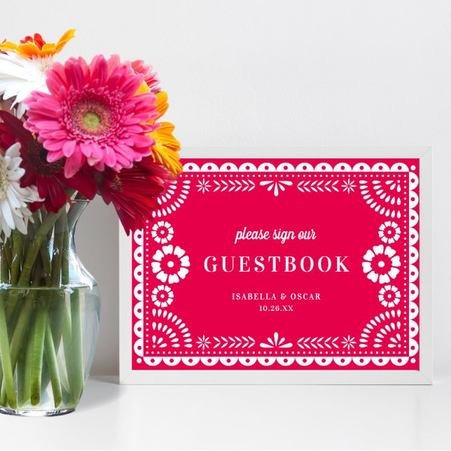 Shock rosa Papel Picado Bröllop Guestbook-tecken Poster (Skapare uppladdad)