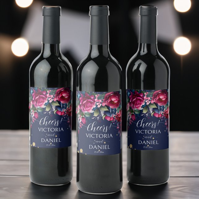 Shock rosa personlig bröllop vinflaska etikett (Navy blue hot pink roses personalized wedding wine label)