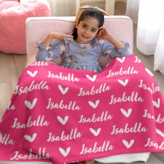 Shock rosa Personlig Namn Blanket med hjärter Fleecefilt