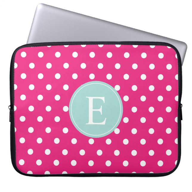 shock rosa Polka Dot Mint Monogram Laptop Sleeve (Framsidan)