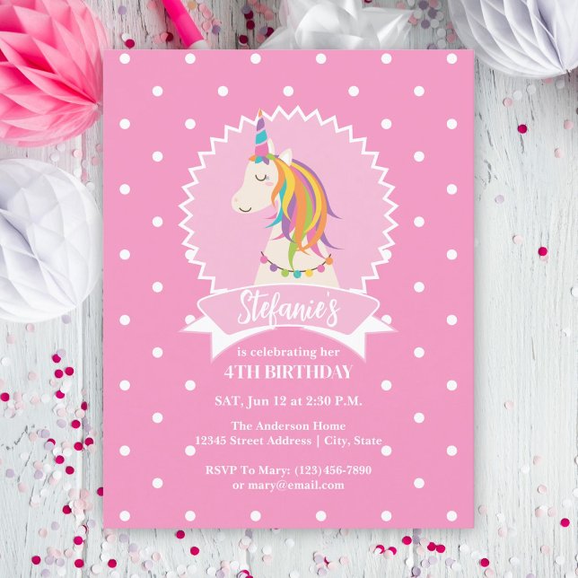 Shock rosa Polka dots Magic Unicorn Girl Birthday Inbjudningar (Skapare uppladdad)