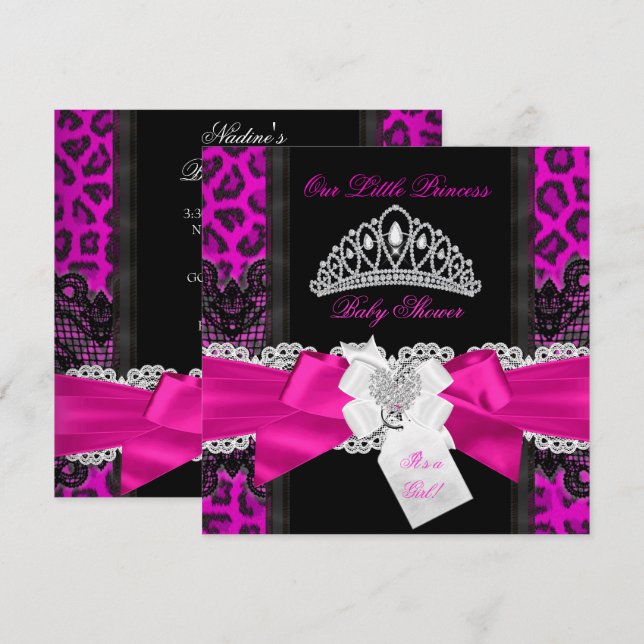 Shock rosa Princess Baby Shower Girl Black Leopard Inbjudningar (Fram/baksida)