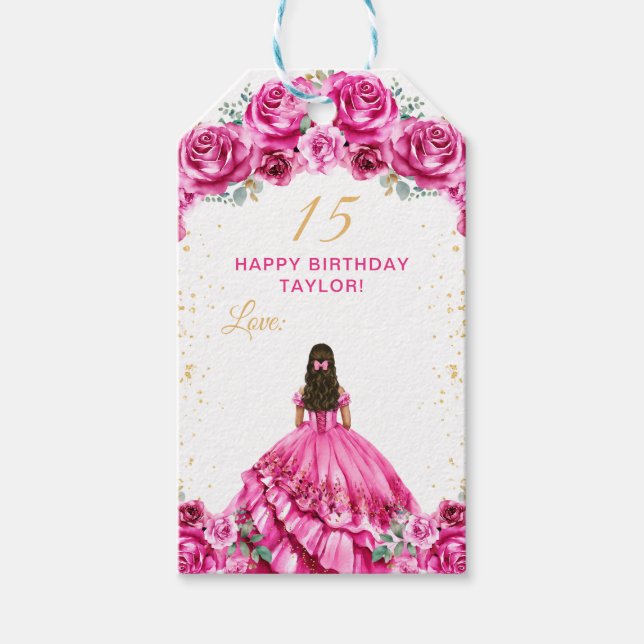 Shock rosa Princess Quinceañera Grattis på födelse Presentetikett (Framsidan)