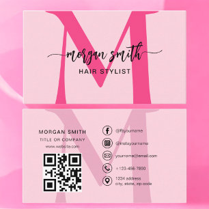 Shock rosa QR-kodskript Girly Monogram Namn Visitkort