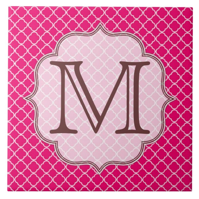 Shock rosa Quarterfoil Latti Monogram Visning Tile Kakelplatta (Framsidan)
