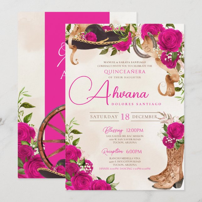 Shock rosa Quinceañera Charro Westerna Ro Blommigt Inbjudningar (Fram/baksida)