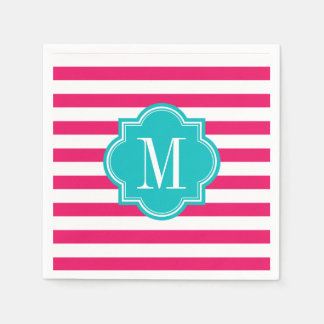 Shock rosa Rand med Teal Monogram Pappersservett