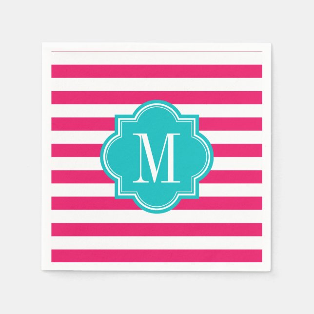 Shock rosa Rand med Teal Monogram Pappersservett (Framsidan)