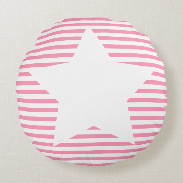 Shock rosa Rand & White Star - Round Pillow Rund Kudde (Framsidan)
