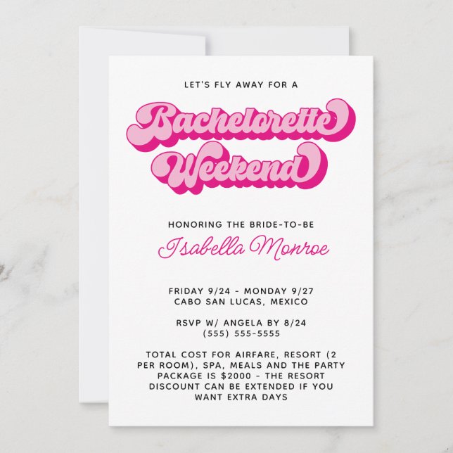 Shock rosa Retro Font Long Bachelorette Helg Inbjudningar (Framsida)