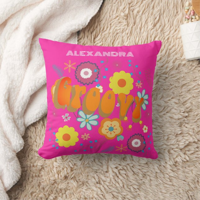 Shock rosa Retro Groovy Flower Power Kudde (Filt)