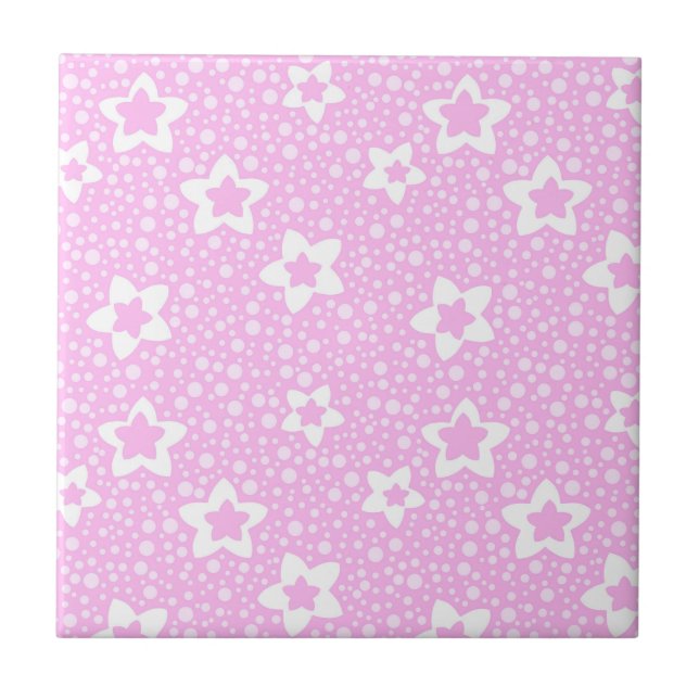Shock rosa retro polka dots med blommönster kakelplatta (Framsidan)