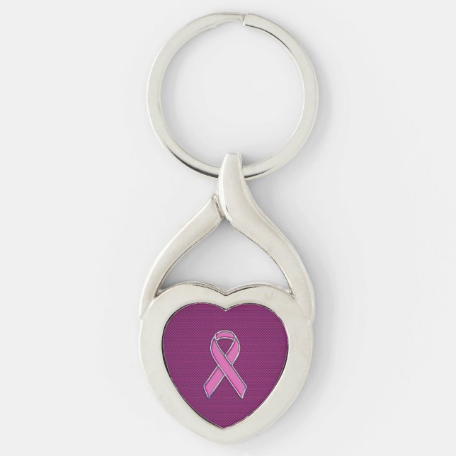 Shock rosa Ribbon Awareness Carbon Fiber Twisted Heart Silverfärgad Nyckelring (Framsidan)