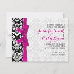 Shock rosa Ribbon Black & White Damask Bröllop Inbjudningar