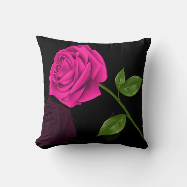 Shock rosa Ro blomma på svart bakgrund Kudde (Framsida)