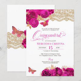 Shock rosa Ro och Snöre Butterfly Quinceañera Invi Inbjudningar