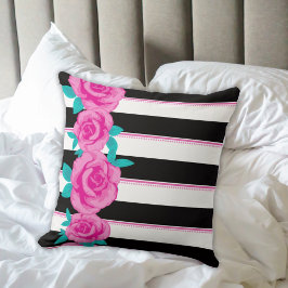 Shock rosa Ro på Black and White Stripe Pillow Kudde