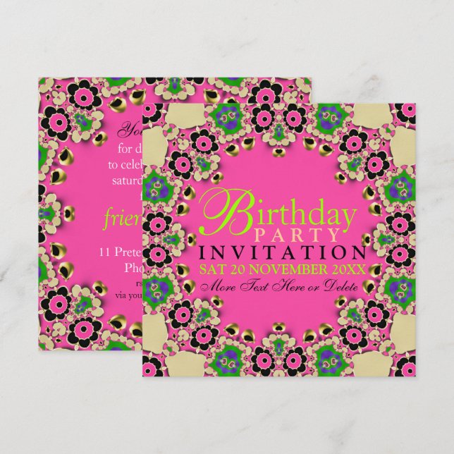 Shock rosa Roligt Blommigt Födelsedagsfest inbjuda Inbjudningar (Fram/baksida)