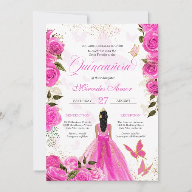 Shock rosa Rosor Butterfly Mariposa Quinceanera Ro Inbjudningar (Framsida)