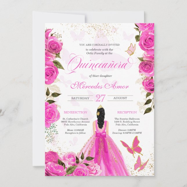 Shock rosa Rosor Butterfly Mariposa Quinceanera Ro Inbjudningar (Framsida)