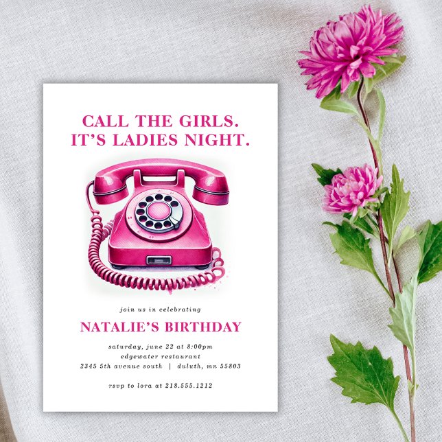 Shock rosa Roterande Mobilt samtal till flickans f Inbjudningar (Get the girls together with our Hot Pink Rotary Phone Birthday Invitation! Perfect for ladies' night)