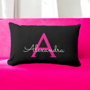 Shock rosa Script Girly Monogram Namn Lumbarkudde