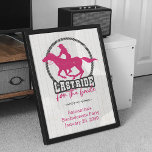 Shock rosa senaste riden för Bride-Poster Poster<br><div class="desc">Kom igen! Det är dags att fira en sista gång innan den här cowgirl blir slagen! Det är den sista turen till bruden, även känd som en bachelorette eller party. Utformningen har en cowgirl-tävla på hästen i ett rep ram med stiliserad western text nedan. Perfekt för en western eller land...</div>
