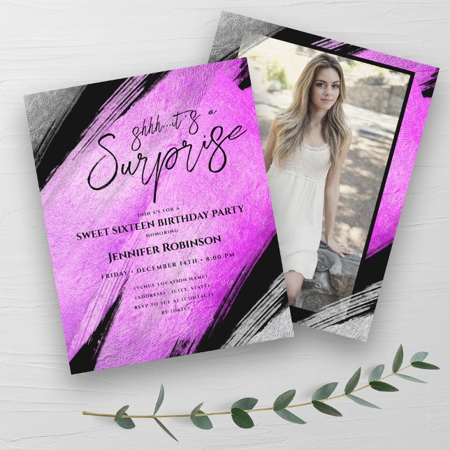 Shock rosa Silver Foil Surprise Sweet 16 Inbjudan (Hot Pink Silver Foil Surprise Sweet 16 Invites)