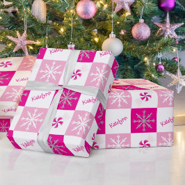 Shock rosa & Silver Peppermints & Snöflingor Namn Presentpapper