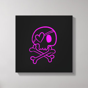 Shock rosa Skull och korsben på svart Canvastryck