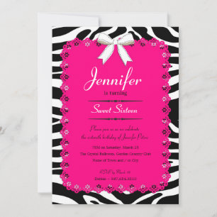Shock rosa Snöre & BW Zebra ränder Sweet 16 5x7 Inbjudningar