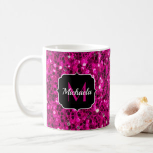 Shock rosa sparkles faux glitter Monogram Kaffemugg