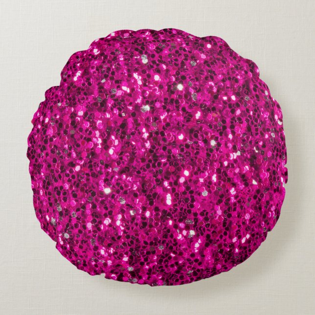 Shock rosa sparkles faux glitter rund kudde (Framsidan)