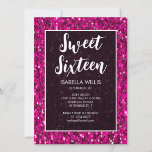 Shock rosa sparkles glitter Sweet 16 elegant-skrip Inbjudningar