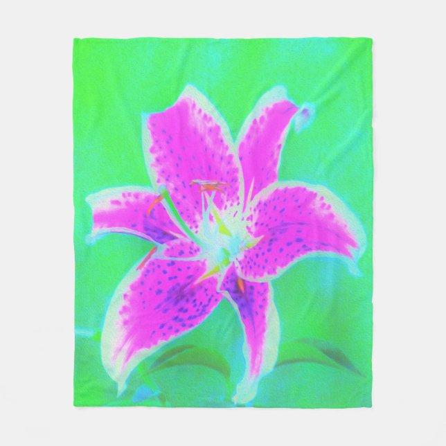 Shock rosa Stargazer Lily om turkos och Grönt Fleecefilt (Framsidan)