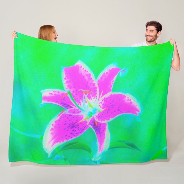 Shock rosa Stargazer Lily om turkos och Grönt Fleecefilt (På plats)