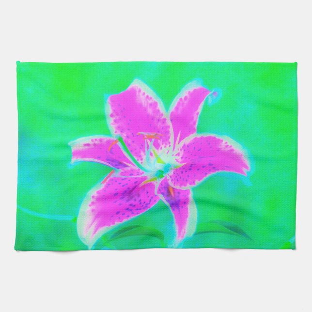 Shock rosa Stargazer Lily om turkos och Grönt Kökshandduk (Horisontell)