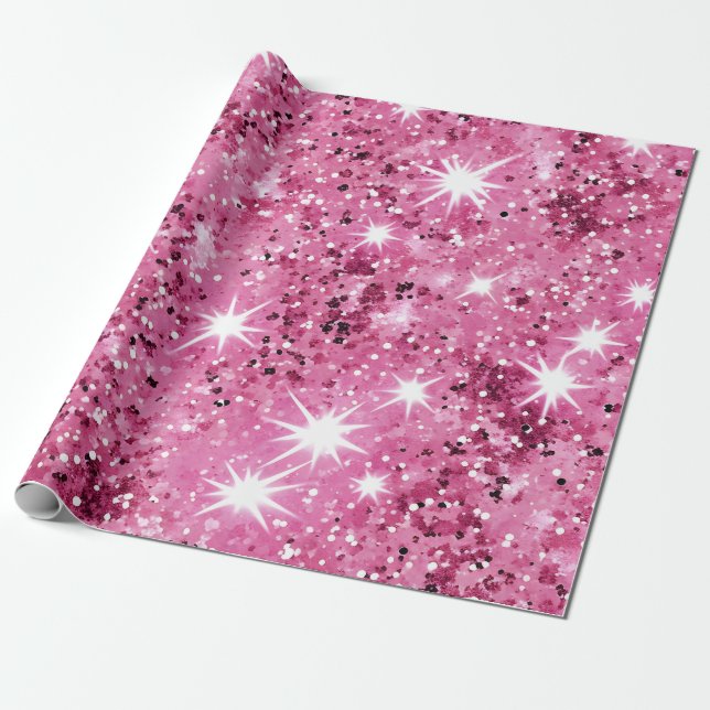 Shock rosa Stars Glitter Presentpapper (Utrullad)